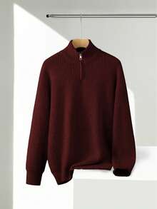 LOOKUN 复古风男士毛衣，休闲宽松纯色纹理拉链开衫长袖针织套头衫，适合工作和商务场合。 - 紅色 - 查看 4