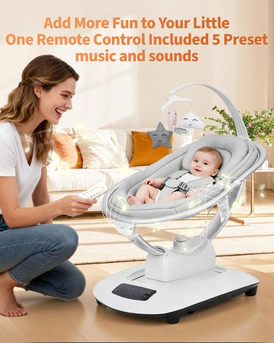 Columpios eléctricos para bebés y niños, columpio infantil con 5 modos de movimiento y 5 velocidades, control remoto, asiento reclinable con arnés de 5 puntos, 5 música preestablecida - Gris - Ver 1
