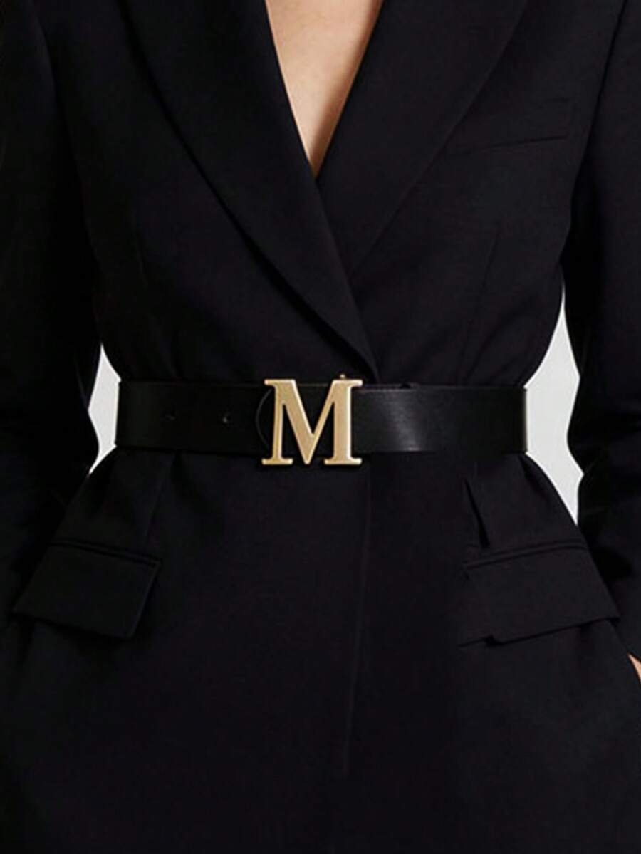 1条女士腰带，时尚字母M扣纯色真皮腰带，优雅搭配连衣裙、夹克、外套，束腰，休闲牛仔裤装饰 - A - 查看 1