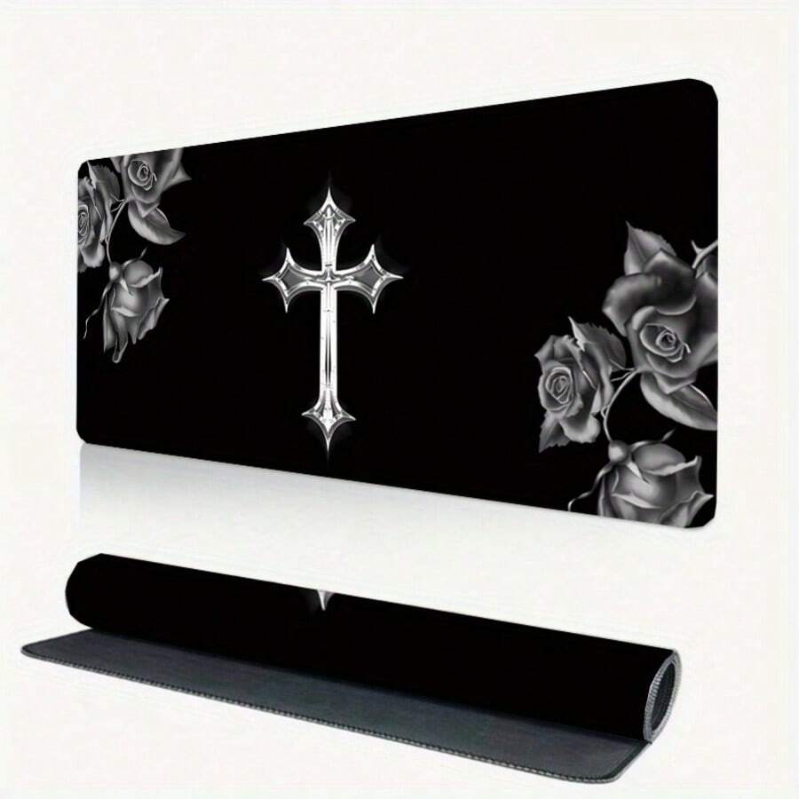 1pc Large Gothic Cross Rose Gaming Mouse Pad/Desk Mat - Black And White Aesthetic Computer Keyboard Surface, Non-Slip Base And Smooth High-Definition Printing, Extra Large Size, Suitable For PC, Office And Computer Gaming Setup - Compatible With Laser/Optical Mouse - Multicolor - View 1