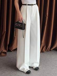 Women's High Waist White Wide Leg Pants With Pleated Details, Essential For Commuting And Everyday Wear (With Belt) - White - View 3