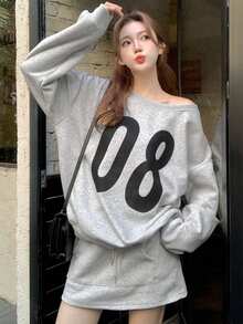 2pcs/Set Letter Print Off-Shoulder Loose Sweatshirt And Mini Skirt - Grey - View 2