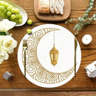 2/4/6 Peças Simples e Elegante Tapete de Mesa com Tema de Ramadã com Desenho de Lua e Lanterna - Tapete Circular de 15,0 Polegadas, Adequado para Reuniões, Refeições e Decoração de Feriados. Adequado para Decoração Doméstica, Decoração de Mesa de Feriados, Decoração de Feriados Rurais, Estilo Rural, Tapetes Laváveis, Materiais Duráveis, Decoração de Mesa de Feriados e Entretenimento Doméstico.