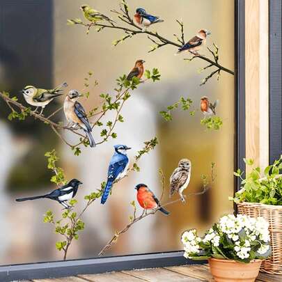 1pc Colorful Flower Scenery Wall Stickers,Tree Branch Bird Glass Stickers, PVC Stickers,Static Cling Classic Holiday Decor, Double-Sided Visible, Glass Sticker, Suitable For Home, Bathroom, Party, Store Decoration Christmas Decor, Christmas Decorations Stickers Wall Stickers,Room Decor, Wall Decor