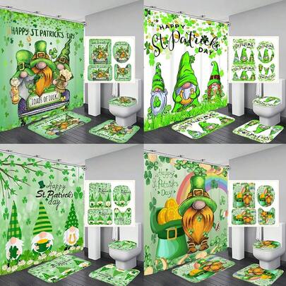 1pc/4pcs St. Patrick's Day Shower Curtain Set, Leprechaun, Rainbow Coin Leprechaun St. Patrick's Day Shower Curtain 4-Piece Set, Elegant Housewarming Shower Curtain Gift, Modern Home Bathroom Decor Curtain, Shower Curtain With 12 Hooks, Non-Slip Bath Mat, Toilet U-Shaped Mat, Toilet Lid Cover, Bathroom Set, Spring Decor