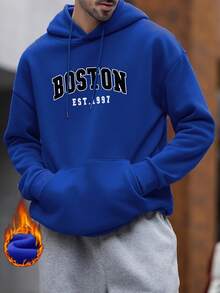 男士波士顿字母印花休闲连帽卫衣，返校季，秋冬季 - 藍色 - 查看 2