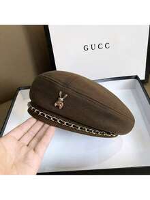 A High-End Metal Rabbit Beret For Women With Autumn And Winter Retro Style Chain Decoration, Versatile And Eye-Catching Small Artist Hat, Suitable For Wearing In Autumn And Winter Seasons And Daily Commuting - Coffee Brown - View 12