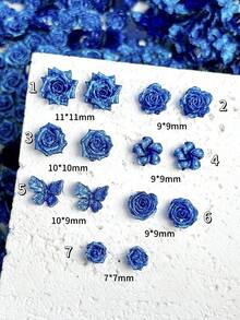 30Pcs Random Mixed ABS Blue Rose Soft Flowers Nail Charms 3D Rose Camellia Bloom Flower Buds Suitable For Valentine's Day Parties Nail Art Accessories DIY