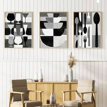 3 PIEZAS Póster de lienzo abstracto en blanco y negro. Póster abstracto de cuchillo, tenedor, taza y tazón. ¡Decoración del hogar y arte de pared! Arte de lienzo para pared. Decoración de pared para dormitorios, salas de estar, baños, comedores y pasillos de oficinas. Decoración de habitación estética, decoración de habitación, decoración de habitación, marco opcional.