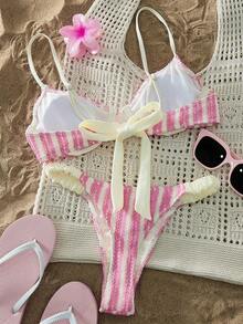 Bộ bikini vải lưới rỗng dễ thương phong cách Âu Mỹ dành cho nữ, có gọng ở trên và quần nhún ở hai bên, thích hợp cho kỳ nghỉ ở bãi biển và tiệc hồ bơi - hồng và trắng - Xem 6