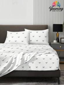 4件套黑白线条蝴蝶结图案床单套装，易护理超细纤维柔软床上用品套装，花卉图案床笠套装（1张床单+1张床笠+2个枕套），床笠套装，适用于特大号、大号、标准双人床、单人床尺寸，床笠深口袋设计，枕套最大可达11.8英寸，柔软透气，不易起皱，提升睡眠质量，奢华酒店风格，送给父母、朋友的礼物 - 黑與白 - 查看 2