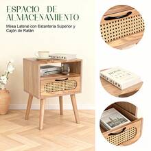 Buró Mesa De Noche Para Recámara Con Estante Y Cajón En Ratán Natural Color Madera Clara Café, Buró Multifuncional para Dormitorio y Sala de Estar - Marrón - Ver 4