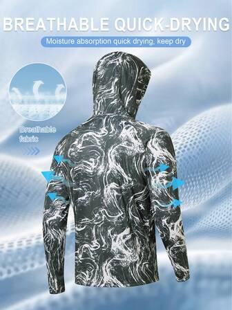 Men's Camouflage Long Sleeve Hooded Sun Protection T-Shirt, Casual Comfy Quick-Drying Outdoor Sports Fishing Suit