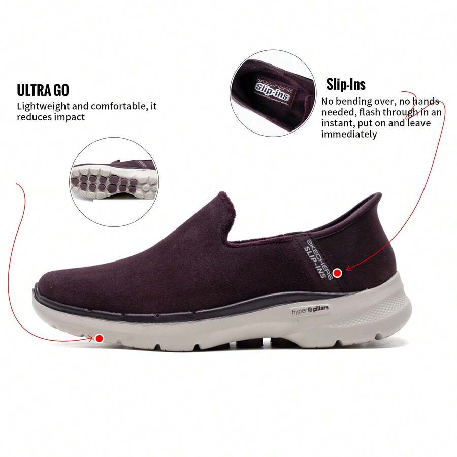 Skechers 女士休闲鞋,带保暖内衬,GO WALK6 一脚蹬通勤鞋,采用透气技术,适合日常和户外活动,轻便高回弹,运动鞋 - 暗紫色 - 查看 1