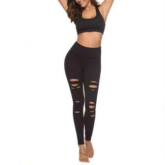 Womens High Waist Yoga Pants Cutout Ripped Tummy Control Workout Running Yoga Skinny Leggings - High Waist Tummy Control Yoga Pants Running Gym Workout Dance Pants
