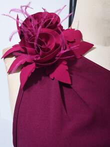 Corsage Decor Asymmetric Neck Fitted Long Cocktail Dress - Hot Pink - View 5