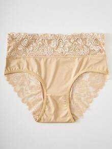 1pc Apricot Fabric High Waist Panties With Lace Detail Medium Stretch Casual Underwear For Women - Apricot - View 3