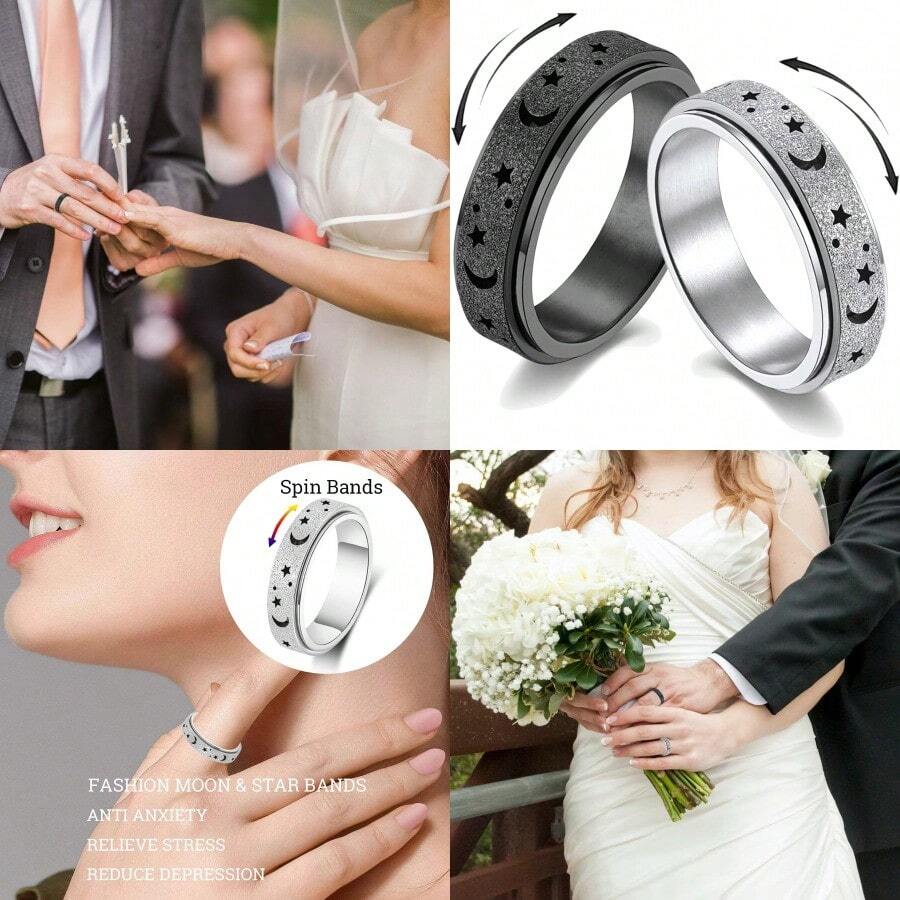 Anillo giratorio para mujer chapado en plata Anillos Anti Ansiedad Anillos de luna y estrella Anillos de parejas promesa de Regalos de Navidad para mujer novia esposa - PlataNegra - Ver 1