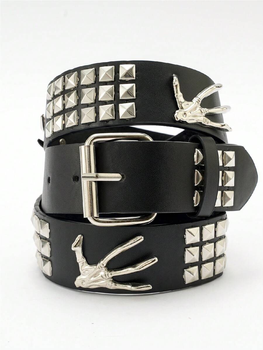 1件男女通用纯色朋克摇滚铆钉水钻亮片装饰时尚腰带 - 爪子 - 查看 1