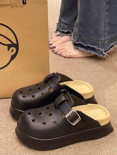 Women's Thick Sole Slip-On Sandals, Fashionable Platform Closed Toe Slides, Casual Slip-On Mules, Suitable For Outdoor Activities, Beach, Vacation, Material: EVA, Available Colors: Black, Blue, White