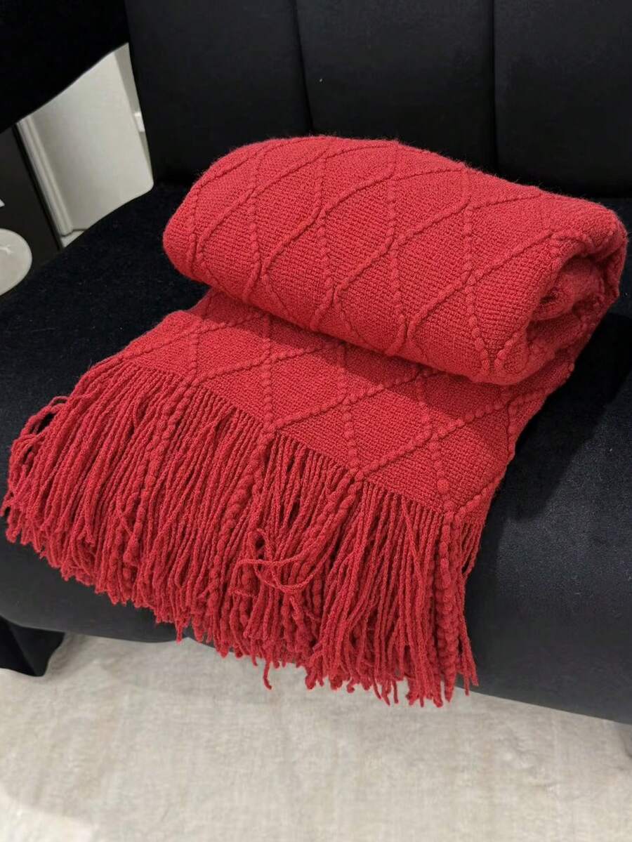 1 Diamond Grid Textured Knit Throw Blanket, Soft And Comfortable, Suitable For All Seasons, Suitable For Sofa, End Of Bed, Travel, Home Decor - Mixed Color Geometric Pattern, Acrylic Fabric - 菱形巾酒紅 - 查看 1