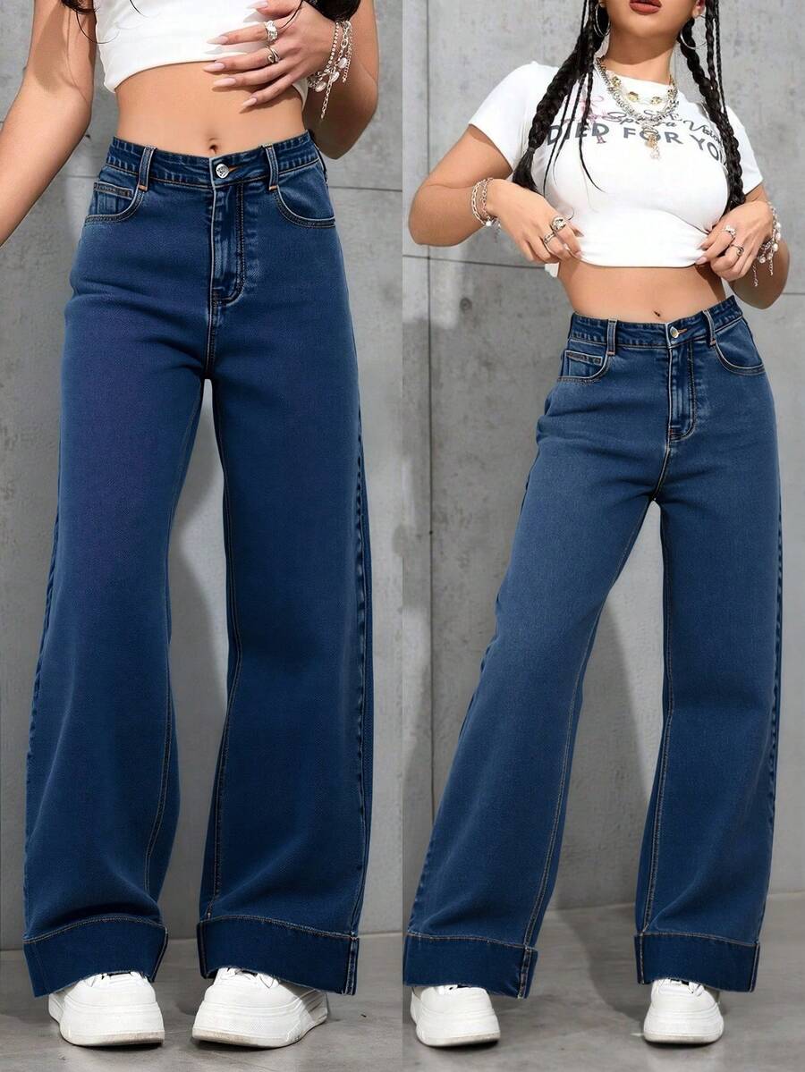 Pantalones Vaqueros Anchos de Mujer de Cintura Alta, Estilo Vintage con Detalles de Borde Doblado, Confortables y Versátiles - Gris - Ver 1