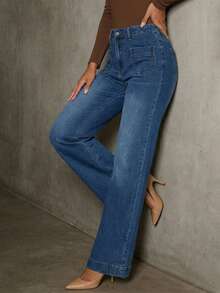 Plus Size Women High Waist Flare Leg Jeans, Elastic Loose Fit 7/8 Length Denim Pants With Pockets Casual Spring - Dark Wash - View 3