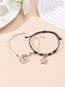 2pcs/Set New Minimalist Cross, Flower, Dog Paw, Cherry, Apple, Starfish, Shell Braided Bracelet, Couples & Friendship - Multicolor - View 11