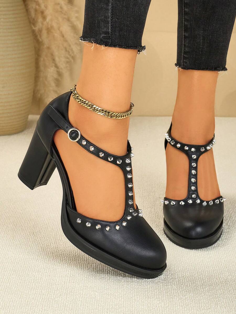 SVRM 女士时尚百搭厚底镂空粗跟T字带铆钉复古办公室通勤日常休闲约会派对优雅高跟凉鞋 - 黑色 - 查看 1