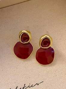 Bộ 4 đôi bông tai kiểu cổ điển màu đỏ nhỏ giọt hình trái tim viền tròn, bông tai ngọc trai hình học thanh lịch, phù hợp cho phụ nữ đeo hàng ngày và trong các dịp lễ. - Màu Đỏ Sâu - Xem 4