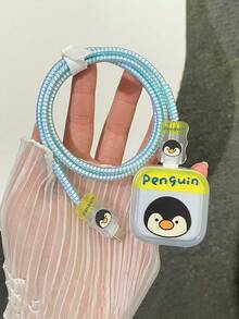 5pcs Cute Penguin Blue TPU Charging Cable & Adapter Protector Case, Compatible With IPhone 17/17 Pro And 40W Fast Charger