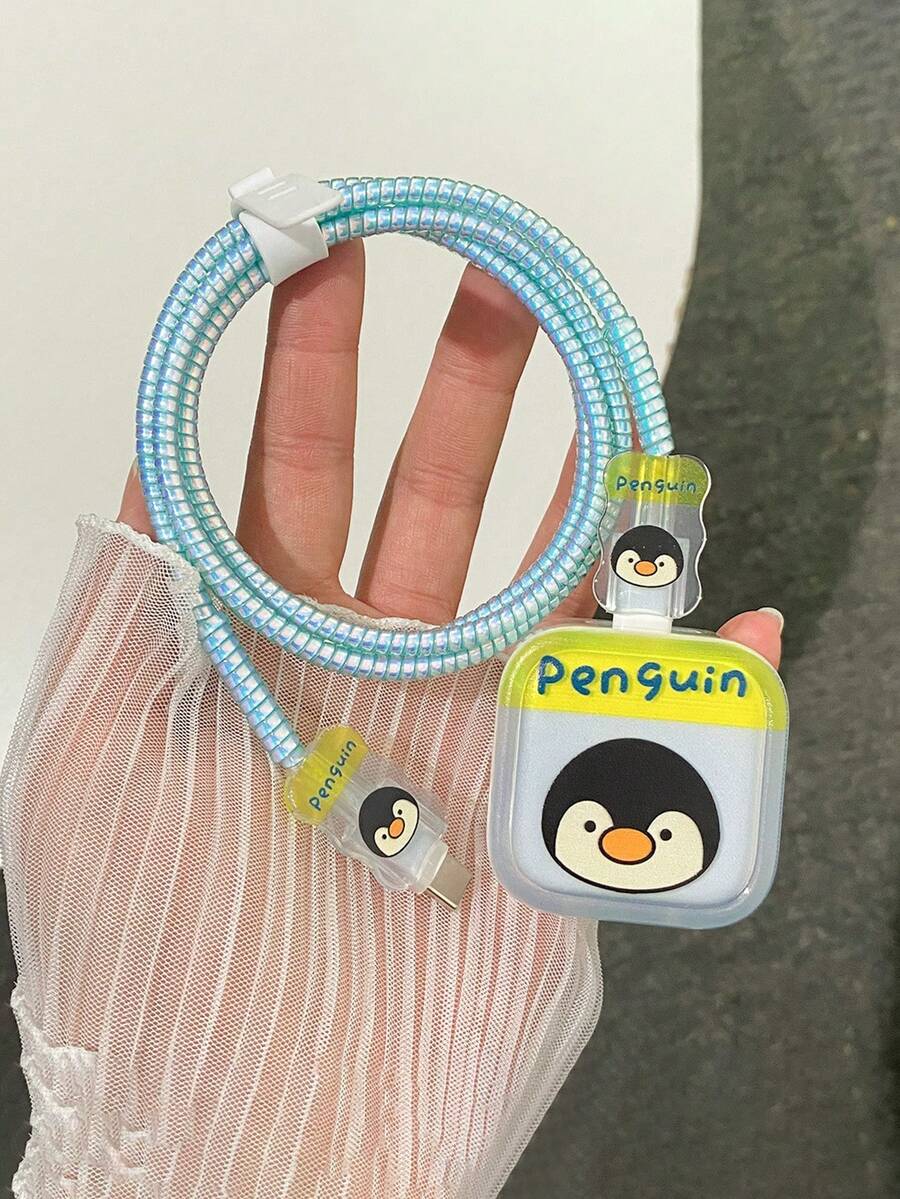5pcs Cute Penguin Blue TPU Charging Cable & Adapter Protector Case, Compatible With IPhone 17/17 Pro And 40W Fast Charger