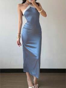 Women's Halter Neck Dress Sleeveless Lace Patchwork Bodycon Long Dress For Beach Party - 藍色 - 查看 1
