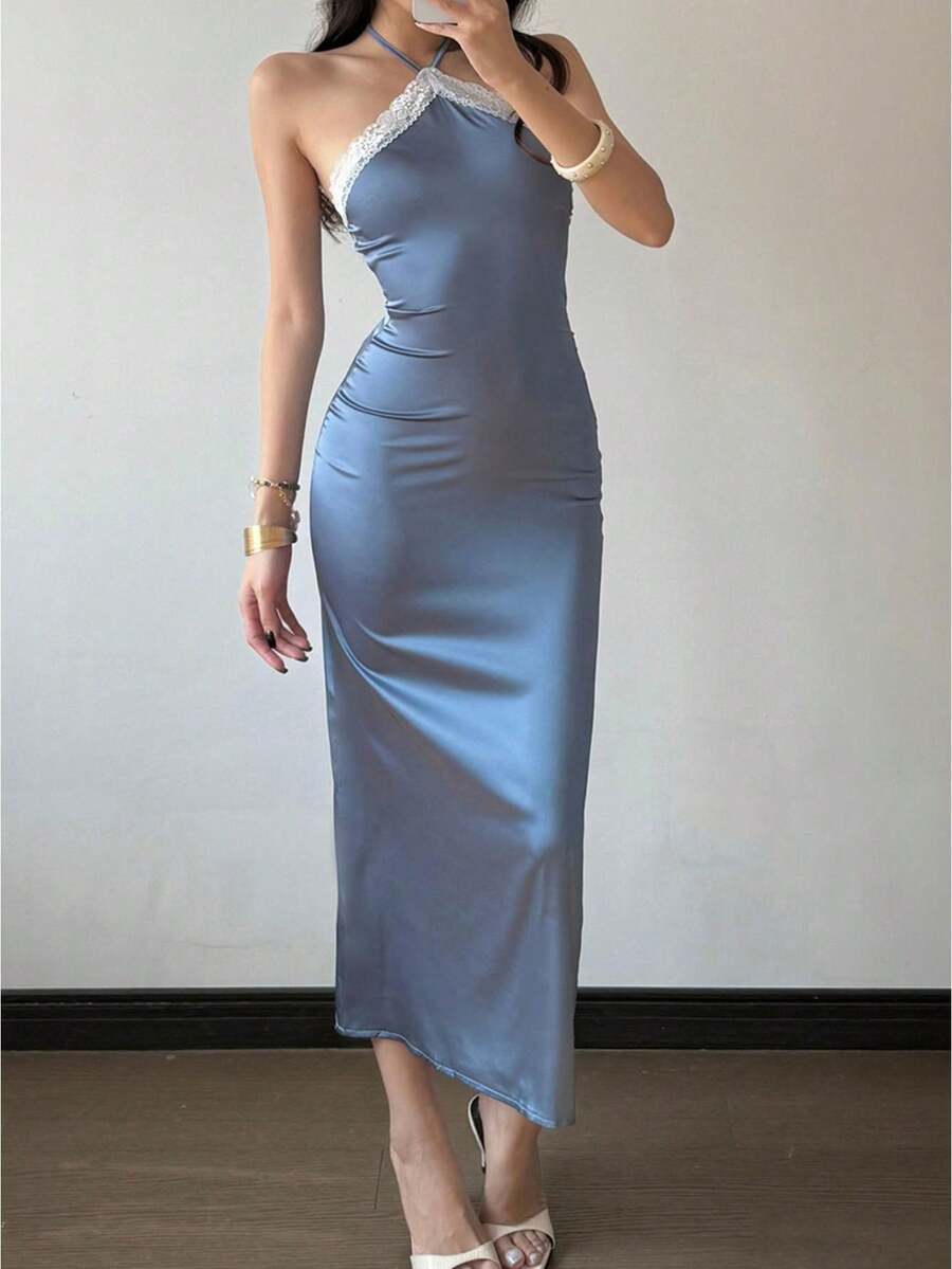 Women's Halter Neck Dress Sleeveless Lace Patchwork Bodycon Long Dress For Beach Party - 藍色 - 查看 1