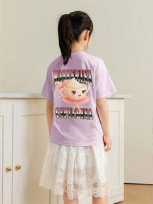 少女休闲紫色印花圆领短袖T恤，夏季上衣 - 紫色 - 查看 2