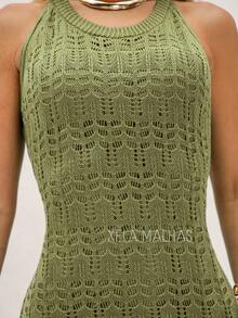 Vestido de Reveillon Tricô Feminino Rendado Forrado Flaire Verão Tricot Elegante - Verde Oliva - Visão 5