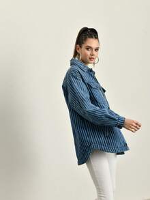 Denim Striped Jacket - Blue - MADE IN TURKEY - Navy Blue - View 4