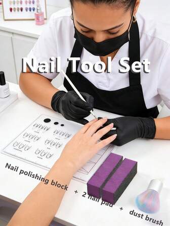 Nail Tool Set, Nail Polishing Block, Nail Pad, Dust Brush, Nail Tools, Recommended By Nail Technicians, Silicone Skin Friendly, Soft Brush To Remove All Dust, Three Sided Black Gauze Polishing, Fine Particles, To Create A Perfect Nail For You. Nail Coloring Pad, Beauty Product, Commonly Used In Nail Salons