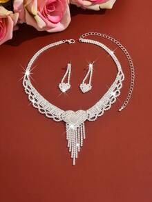 巴洛克风格心形流苏首饰套装：镶满水钻项链+耳环，新娘伴娘婚礼配饰，情人节礼物 - 彩色 - 查看 4