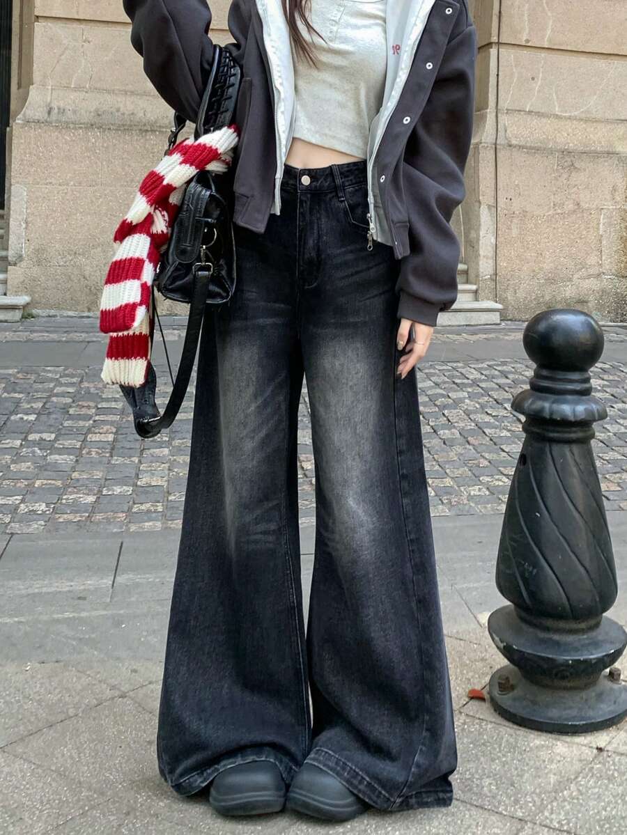 新款高腰水洗牛仔阔腿宽松阔腿裤，女士款 - 黑色 - 查看 1