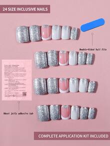 24片/套 短方形银色闪粉白色法式按压式美甲贴片，渐变闪粉设计，女性化风格，全覆盖亚克力假指甲，包含1片果冻胶和1个指甲锉，适合女性和女孩日常工作、学习和派对场合。 - 銀色 - 查看 6