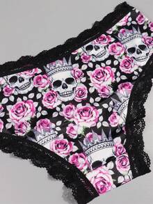Dircho 10pcs Women's Sexy Gothic Contrast Lace Bikini Panties - Allover Skull/Star/Rose/Pirate Pattern Silky Soft Comfy Intimates Underwear, Stretch Breathable Elastic Waist Daily Lingerie Set - Multicolor - View 5