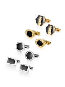 4 Pairs Classic Enamel Cufflinks Set In Black & Gold Colors, Ideal Gift For Men, Suit & Shirt Accessory, Comes In Gift Box - Black - View 4