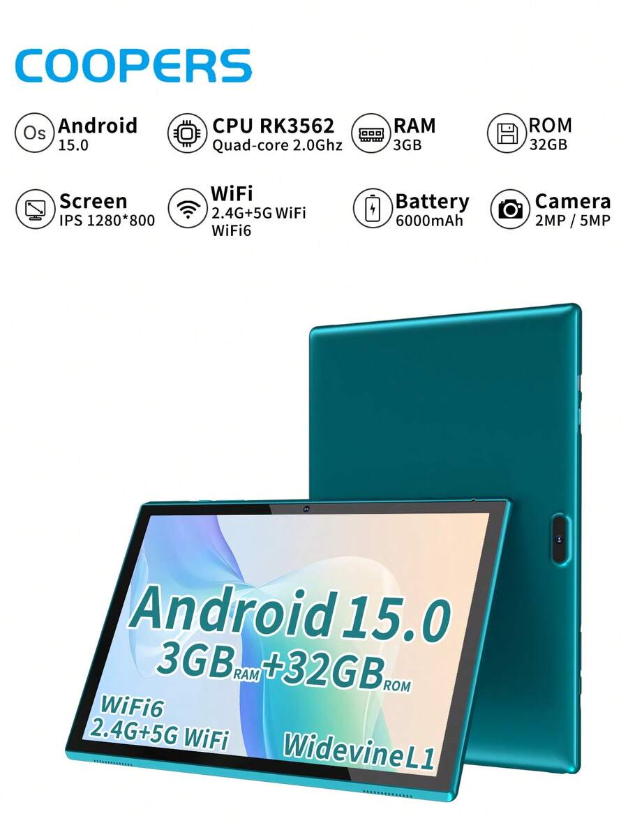 Coopers Android 15 Tablet, 10.1 Inch WIFI Tablet PC, 3GB RAM, 32GB ROM, Support 1TB Expandable, Quad-Core, 2.4G+5G WiFi, Dual Band WiFi6, HD IPS Screen, 2MP + 5MP Dual Camera, 1280 * 800 IPS HD Touch Screen,6000mAh Battery, Support Widevine L1(No Adapter) - Green - View 1