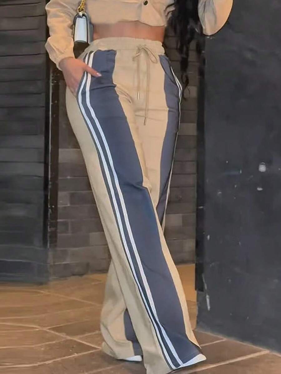 Quần ống rộng không co giãn dành cho nữ, chất liệu vải dệt, cạp chun, kiểu dáng thường ngày. - Màu Khaki - Xem 1