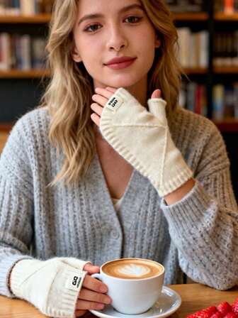 1 Pair Of Asymmetrical Fingerless Gloves For Women - Elastic For Winter Warmth, White Opening Design, Flexible And Comfortable, Machine Washable, Suitable For Outdoor Home Activities, Clothing Matching, White Gloves, Women's Gloves, A Gift For Women On Christmas, New Year And Valentine's Day, Autumn And Winter Irregular Half-Hand Woven Label Gloves, Cute Korean-Style Women's Fashion Warmth, Solid Color, Versatile