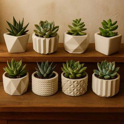 KIT 8 UNIDADES VASINHO DECORATIVO DE GESSO COM TEXTURA, CACTUS E PLANTAS ARTIFICIAS.