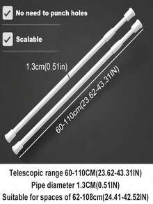 1 thanh treo rèm lò xo, có thể điều chỉnh độ dài 30-50cm, 40-70cm, 50-90cm, 60-110cm, 70-120cm, không cần khoan, chịu lực cao, thích hợp cho rèm tắm, giá phơi đồ, thanh treo đồ nhà bếp, giá đỡ tủ quần áo, rèm cửa, áp dụng cho nhà bếp, phòng tắm, tủ, tủ quần áo, cửa sổ, tủ đựng đồ, cửa ra vào, các dự án DIY kệ sách, lưu trữ đồ dùng phòng tắm, sắp xếp tủ quần áo, tiết kiệm không gian. - trắng - Xem 10