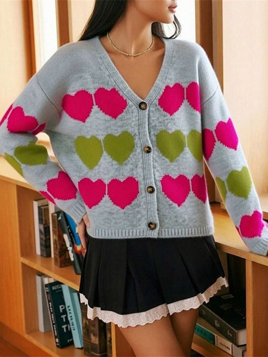 Women's Button Down Knit Cardigan, Heart Print Long Sleeve V-Neck Loose Sweater Jacket For Spring, Fall - Grey - View 1