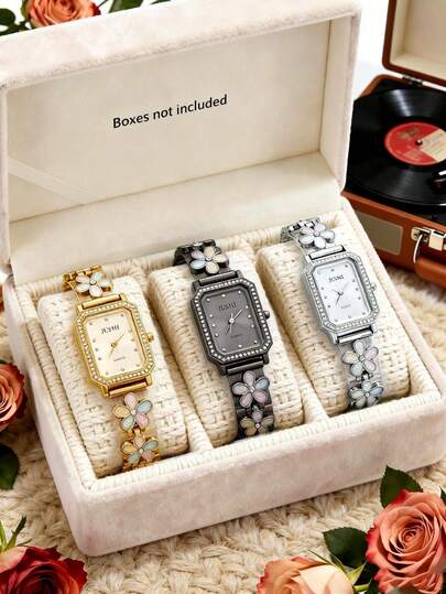 1pc/Set Luxury Women's Floral Band Watch, Square Dial With Rhinestones, Quartz, Gold / Black / Silver, Elegant Daily Wear Watch, Suitable For Women, Gifts For Christmas, Valentine's Day, Ramadan, Eid, Carnival, Chinese New Year (No Gift Box)